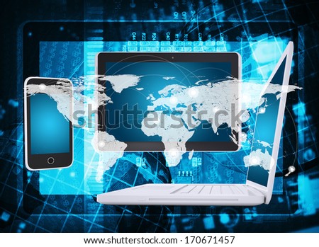 Laptop, tablet pc and smartphone. Abstract background: microcircuit and world map. Computer technology concept