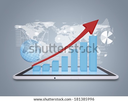 Tablet pc and growth chart on screen tablet. World map, globe and graphs on background