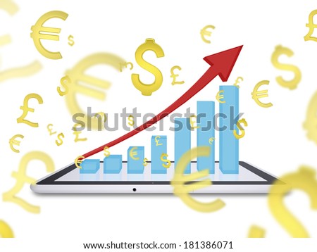 Growth chart on screen tablet pc. Golden signs currencies fly around