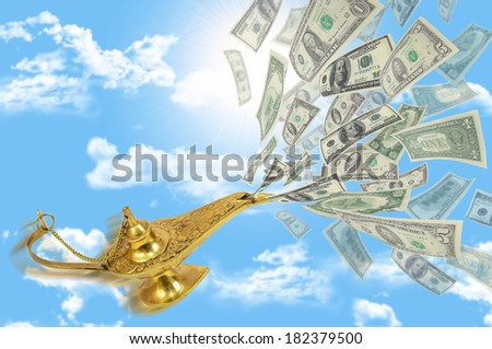 Money fly out of Aladdin\'s magic lamp. Business concept