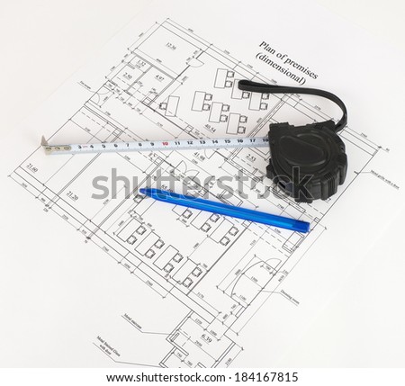 Construction drawing, tape measure and pen. Desk builder