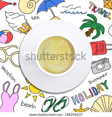 Colored summer sketches around cup of coffee. White background