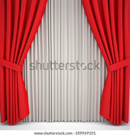 Opened red curtain lit Spotlight. Three-dimensional render