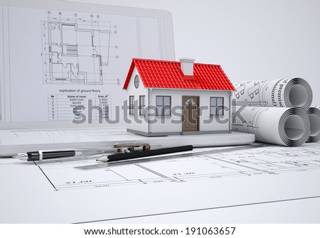Scrolls architectural drawings and small house. architect concept