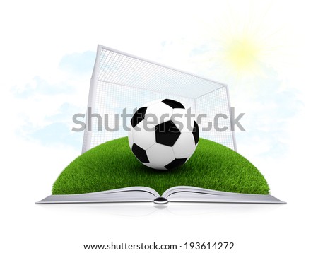 Soccer ball, gate and green grass on an open white book. Sport background