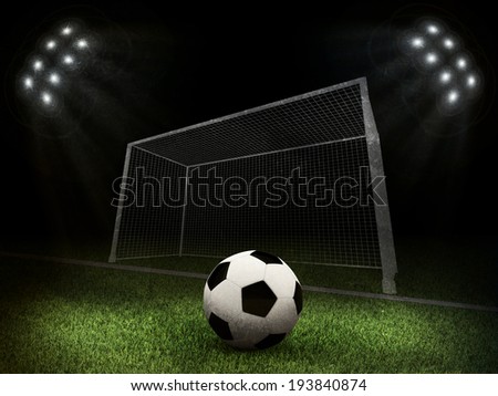 Night football arena illuminated by spotlights. Soccer ball and gate in the middle of field. Sports background. Grunge style