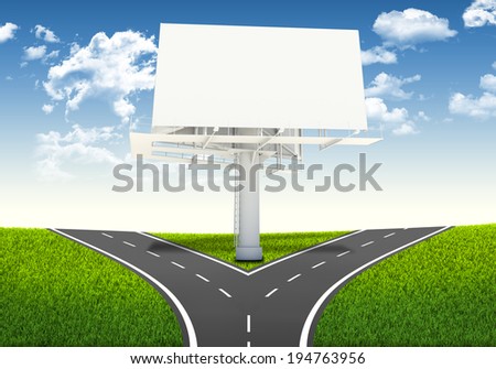Fork in the road. Decision-making framework. Large blank billboard