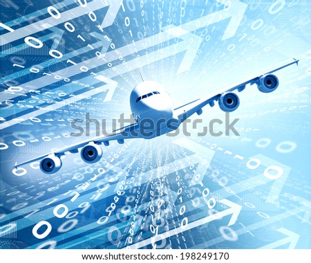 Airplane with the background of figures and arrows. Concept growth in business