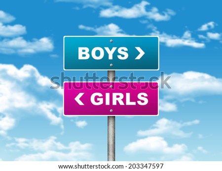 Crossroads road sign. Pointer to the right BOYS, but GIRLS left. Choice concept