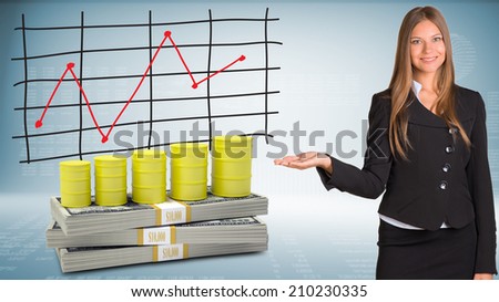 Businesswoman points hand on barrels gas and money
