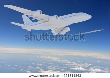 Big white airplane in blue sky with clouds