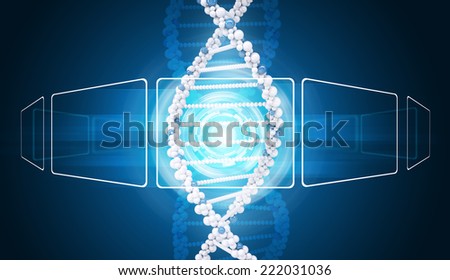 DNA model with transparent rectangles and glow circles. Blue gradient background