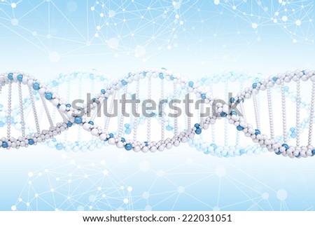 DNA model on blue gradient background with wire-frame spheres