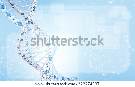 DNA model with blured wire-frame spheres and rectangles. Blue gradient background