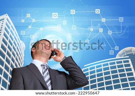 Businessman talking on the phone. Skyscrapers, sky and network with circles in background