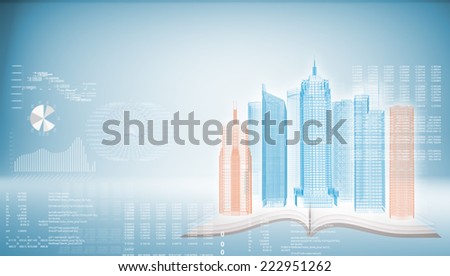 Glowing wire-frame buildings on open empty book. Graphs and text rows as backdrop