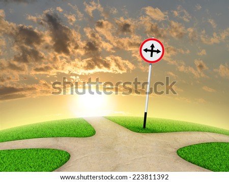 Crossroads road sign. Green grass, fork in the way and sky as backdrop