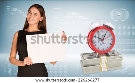 Businesswoman hold paper sheet. Alarm clock stand on dollar packs. Graphs, arrows and world map as backdrop