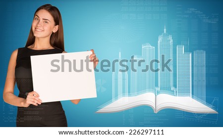 Businesswoman holding empty paper. Wire-frame buildings, open book, graphs with text rows as backdrop