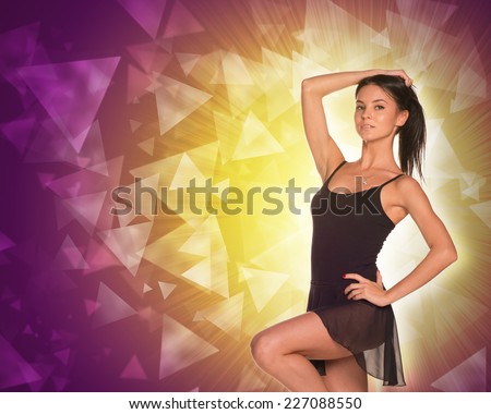 Beautiful dancer. Glow multicolor triangles as backdrop