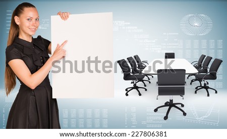 Businesswoman hold paper sheet. Big conference table with chairs are located next. Hi-tech graphs as backdrop
