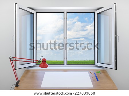 Open window. Outside the window green meadow and sky. In room are located wooden table with paper sheet, pencil and lamp. Freedom concept