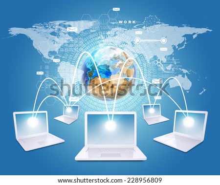 White laptops are connected to network. Earth, world map and figures on background. Elements of this image furnished by NASA