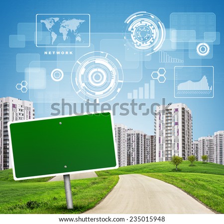 Blank green billboard out of upright by road running through green hills with a few trees. High-rise buildings as backdrop. Chart, drafts, diagrams and other virtual items in sky.