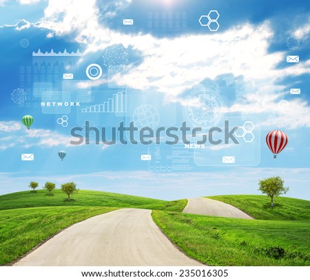 Road running through green hills with a few air-baloons above. Diagrams, drafts and other virtual items in sky. Business concept.