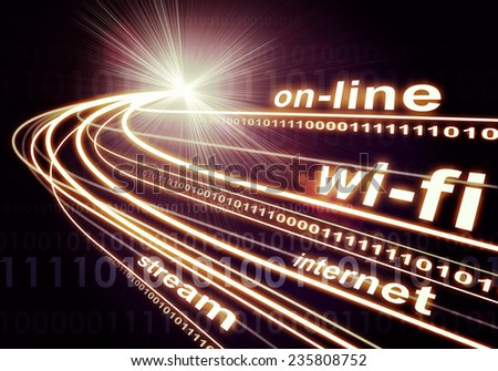 Stream of light beams with inscribed binary code and words on-line, wi-fi, internet, stream on dark background with faint lines of digits. Communication concept.