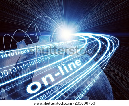 Earth, laptops, stream of light beams with inscribed binary code and word on-line, on dark background. Communication concept. Elements of this image furnished by NASA