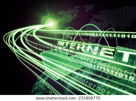 Earth, laptops, continents composed of digits, stream of light beams with inscribed binary code and word internet, on dark background. Communication concept. Elements of this image furnished by NASA