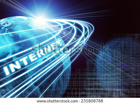Earth, wire-frame building, stream of light beams with inscribed binary code and word internet on dark background. Communication concept. Elements of this image furnished by NASA