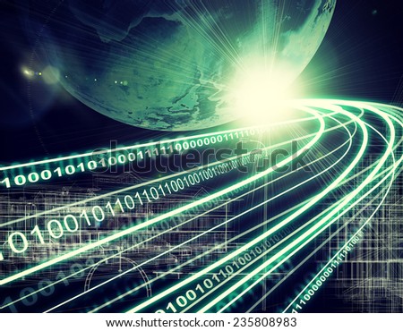 Earth, wire-frame buildings with surrounding grounds, stream of light beams with inscribed binary code, on dark background. Communication concept. Elements of this image furnished by NASA
