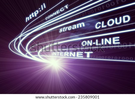 Stream of light beams with inscribed words http, connect, cloud, stream, on-line, internet on dark background. Communication concept