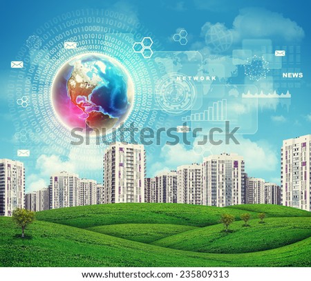 High-rise buildings over grassy hills of smooth shape. Brightly coloured Earth, charts, rectangles and other virtual items in sky. Elements of this image furnished by NASA
