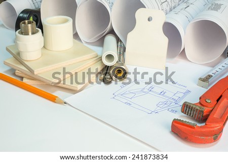 Drawing rolls, builder\'s level, tceramic tiles, tile drill bits, filling knife, pencil, tape measure, gas trench, pipi joints, flexible tap hose, bathroom sketch