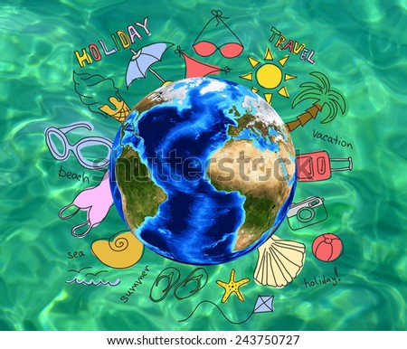Summer holiday vacation concept, assorted items and words around Globe, on green sea water background. Element of this image furnished by NASA