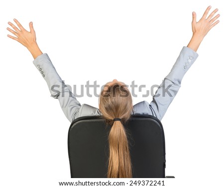 Businesswoman on office chair stretching her arms. Isolated over white background