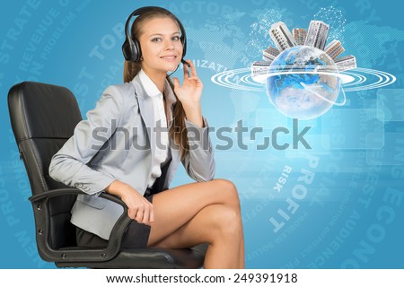 Businesswoman in headset, sitting on office chair, her hand on microphone, looking at camera, smiling. Globe with horisontal rings and buildings on top and flying aeroplane beside. Radiant text and