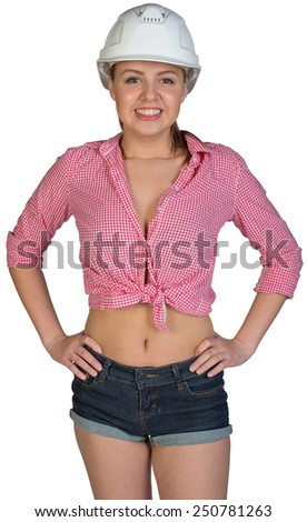 Woman in hard hat, looking at camera, smiling. Isolated on white background