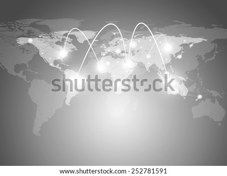World map and network with lines on gray background
