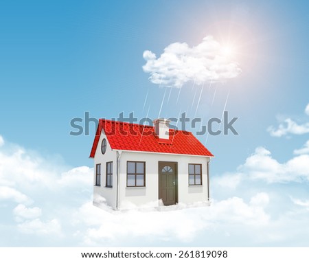 White house with red roof, brown door and chimney in clouds. Background sun shines brightly and drizzle. Blue sky