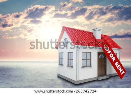 White house with label for rent, red roof, brown door and chimney. Background sun shines brightly and clouds. Blue sky