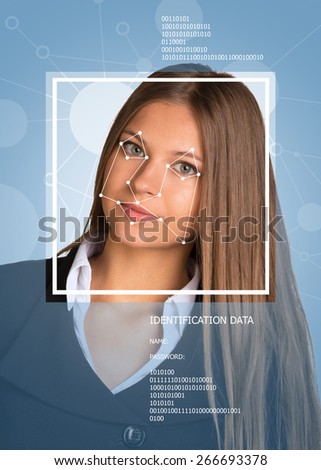 Concept of person identification. Beautiful girl. Face with lines, frame and text. Blue background