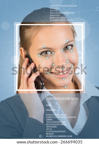 Concept of person identification. Woman using phone, smiling. Face with lines, frame and text. Blue background