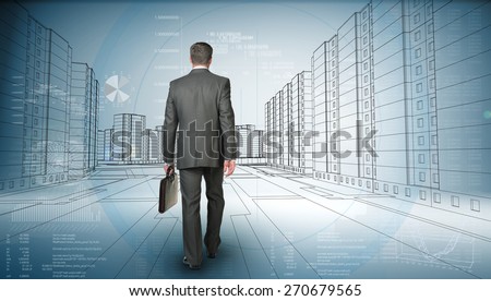 Back view of business man holding briefcase and walking forward on road with an abstract background