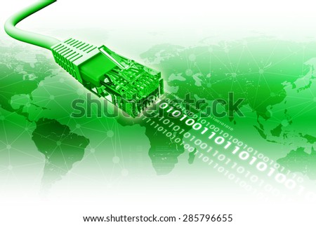 Green computer cable on abstract green background with world map and numbers