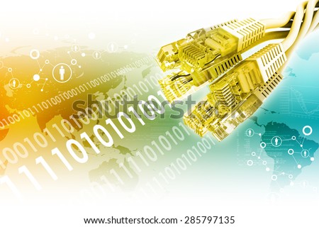 Set of golden computer cable on abstract colorful background with world map