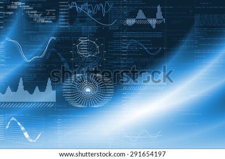 Abstract blue matrix background with graphical charts and bright wave